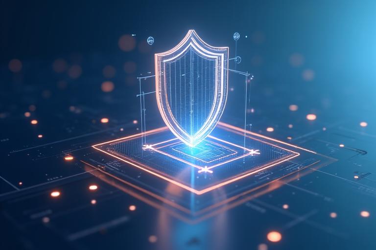 データプライバシーとセキュリティを象徴する、ロックと情報保護を示すアイコンが並ぶ抽象的なデジタルシールド。