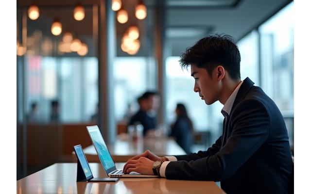 カフェでノートPCとスマホで作業するビジネスパーソン