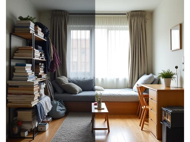 東京1Kアパートの散らかったビフォーと、アプリで整理されたミニマルなアフターの比較