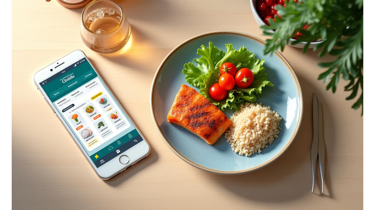 彩り豊かな健康的な食事がテーブルに並び、その横には食事管理アプリが表示されたタブレット。献立が自動生成され、買い物リストが表示されている様子。