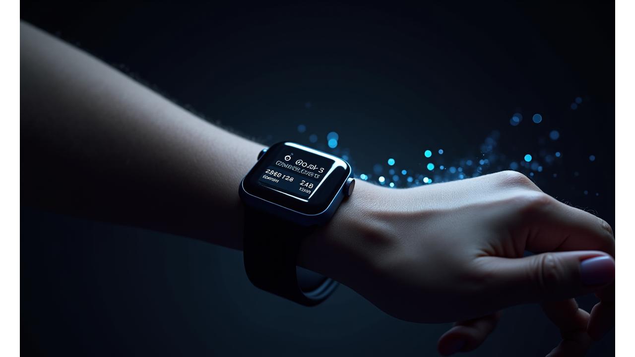 スマートウォッチが手首に装着され、そのデータが接続されたスマートフォンアプリに流れ込み、視覚化されている。未来的なデザインのデータダッシュボード。