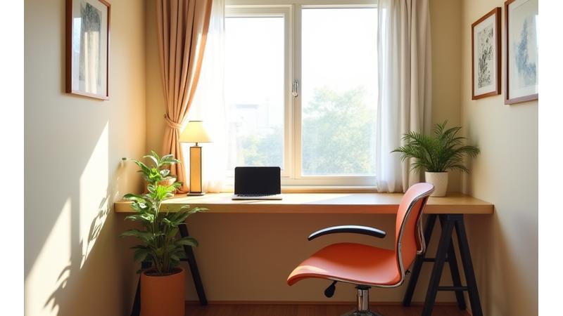 小型住居の中に設けられた、効率的でスタイリッシュな在宅ワークスペース。限られた空間が最大限に活用され、集中力を高める工夫が凝らされている。