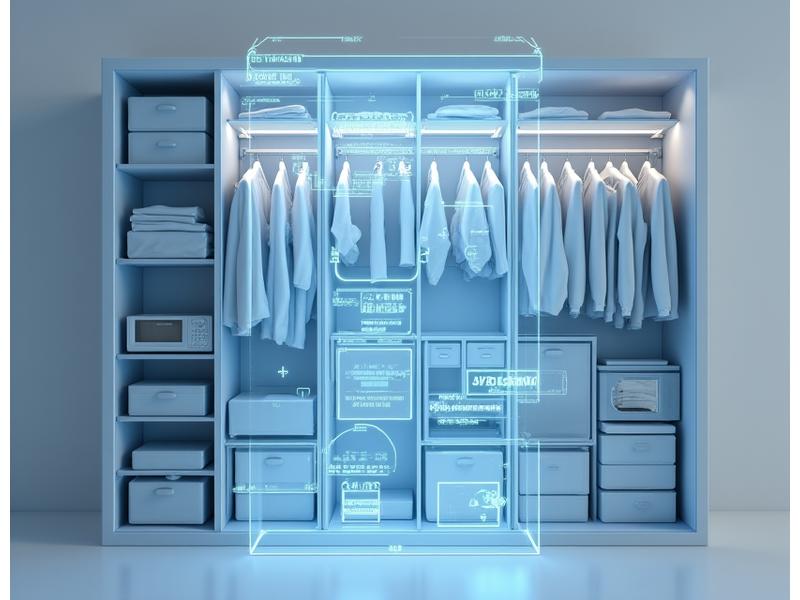 AIが提案する収納配置の3Dシミュレーション。小さなクローゼットや棚が効率的に利用され、デジタルインフォグラフィックが最適化された空間利用率を示している。